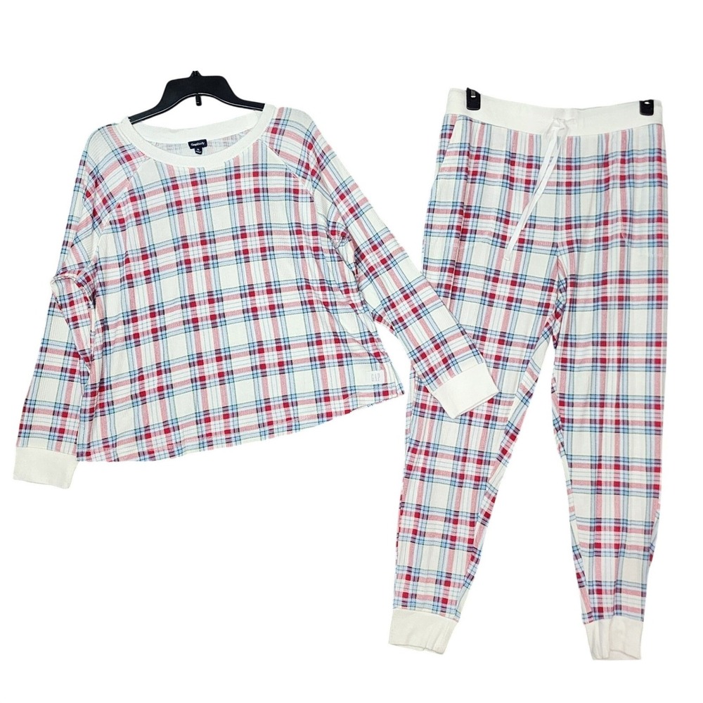 GapBody Ribbed Printed Jogger Pajama Set Multi Plaid Long Sleeve XL